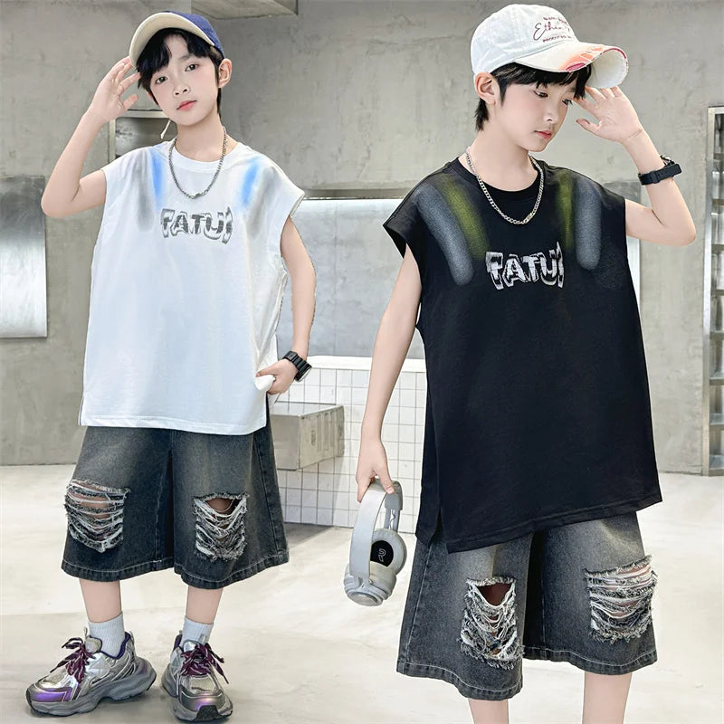 Junior Boys Summer Suit Children's Fashion Sleeveless Vest and Hole Jeans Shorts Clothing Sets for Kids 5 7 9 11 13 14 Years Old