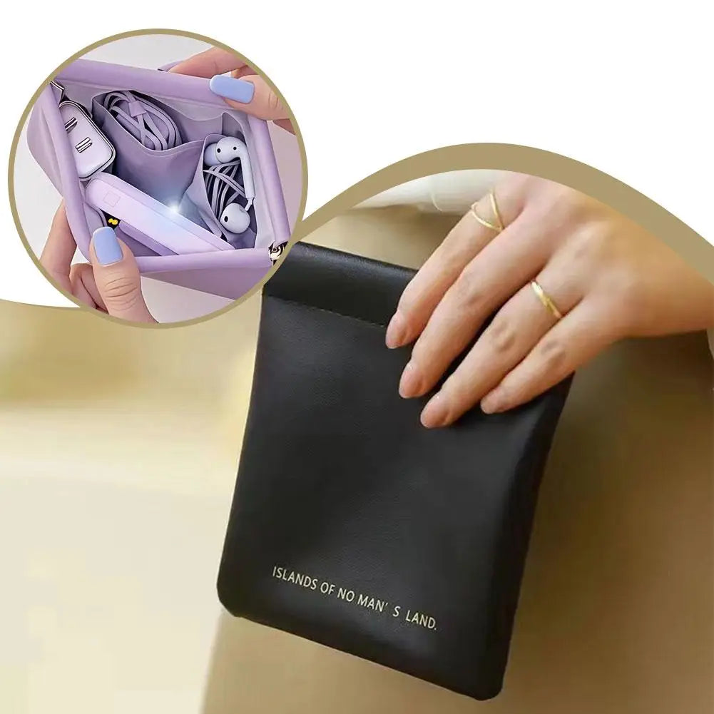 Automatic Closure Bullet Storage Bag, Mini Portable PU Lipstick Makeup Pouch, Self-Closing Spring Design for Earphones & Small