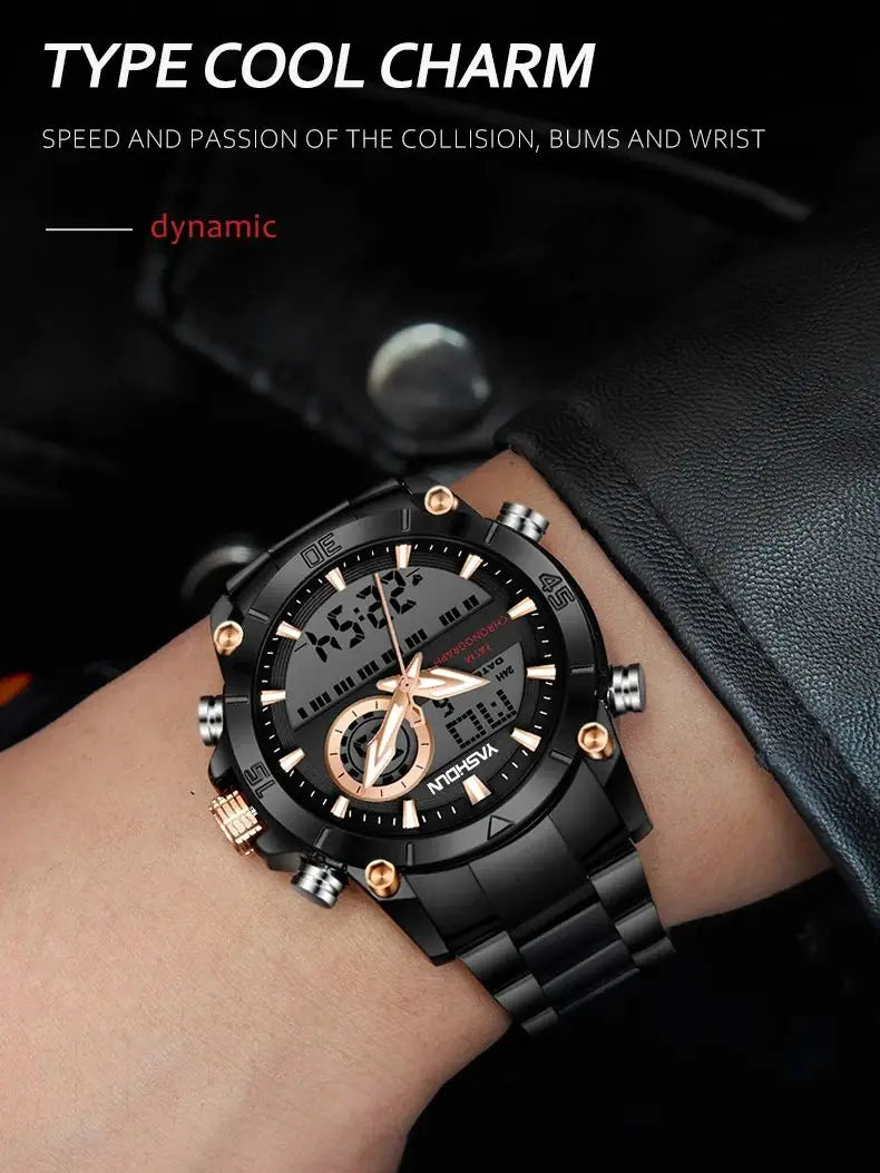 Multi-functional sports men's watch with dual movement electronic steel band luminous waterproof quartz wristwatch
