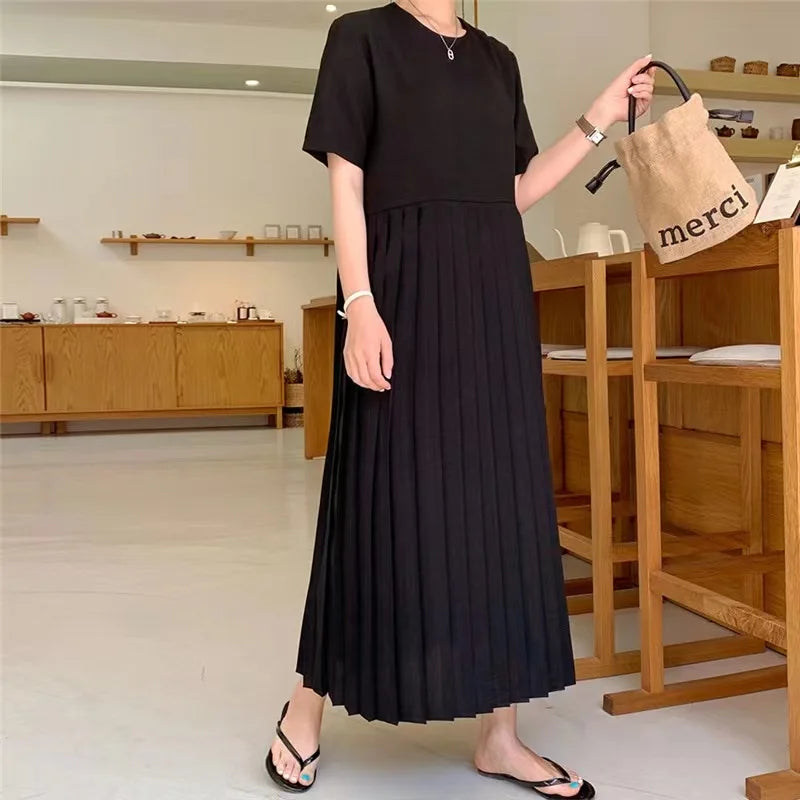 Summer 2024 Korean Sle Loose Slimming ort Sve Chiffon Pleated Long Dr Women's Casual Knee-Over Maxi Dr
