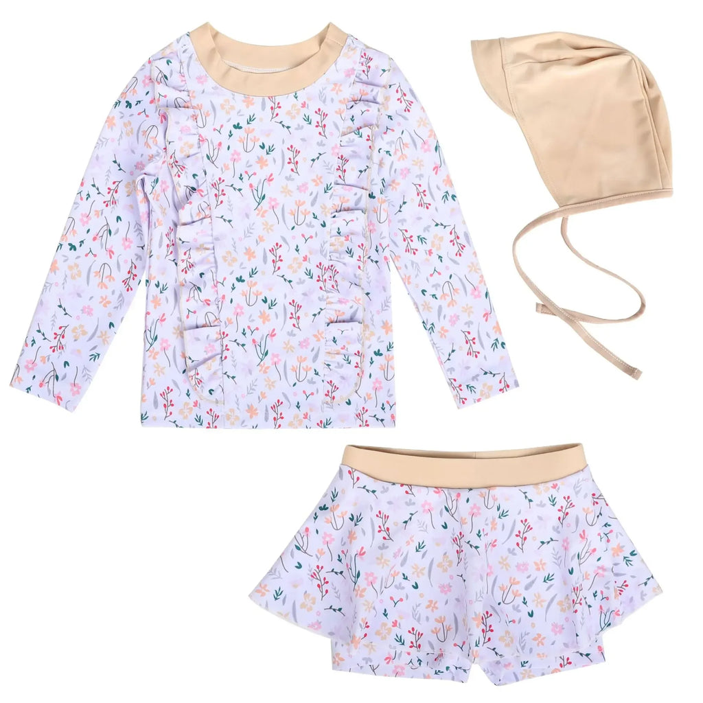 Children's Swimsuit for Girls 2025 New Style Split Long Sleeved Short Skirt Sunscreen Hat Quick Drying Four Piece Set Swimsuit