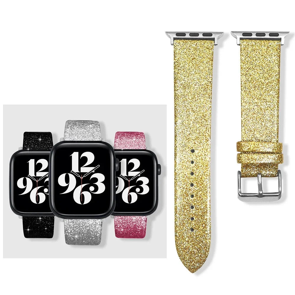 Glitter leather strap For Apple Watch Bands 44mm 40mm Ultra 2 49mm 41mm 42-38-45mm Shiny bracelet iWatch Series 9 8 7 6 5 4 3 SE