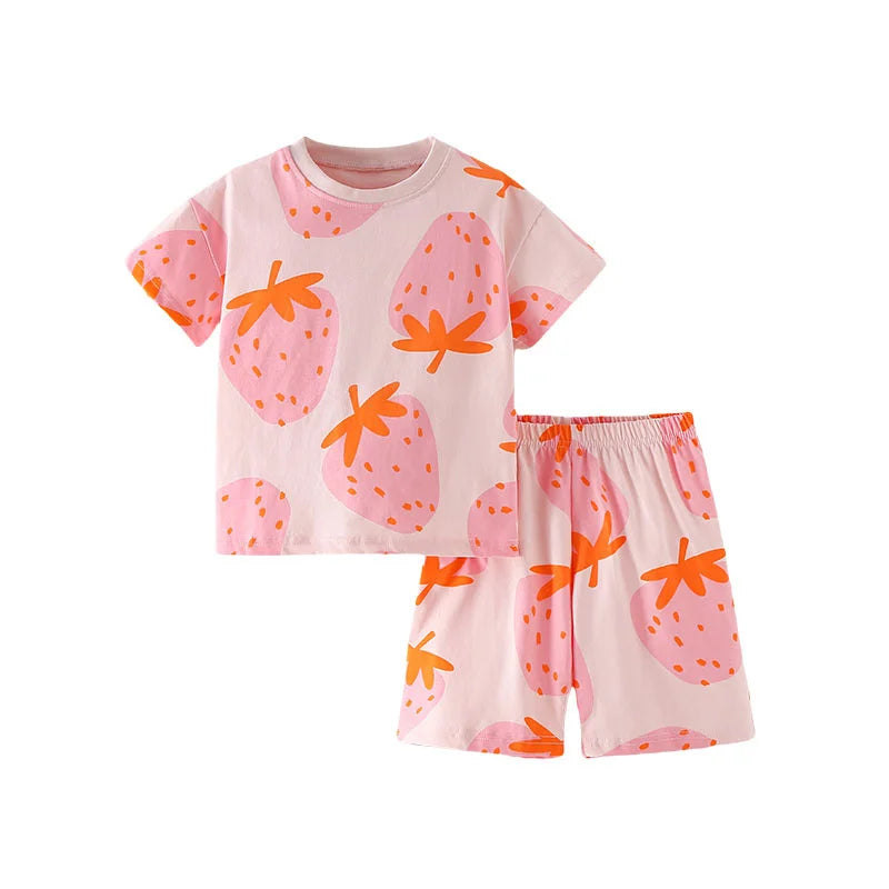 Jumping Meters 100% Cotton 3-8T Strawberry Girl 2 PCS Sets Baby Outfits Summer Tops + Shorts Children's Clothing Toddler Outfits