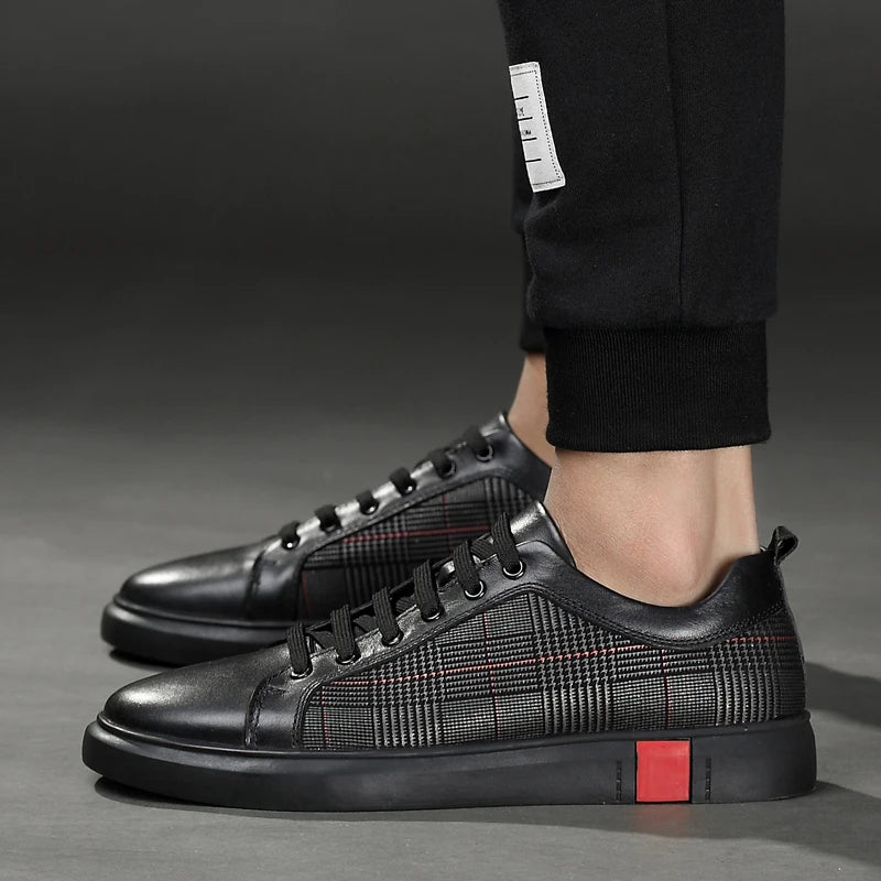 New Arrival Men Black Leather Plaid Panel Sneakers Luxury Style Lace Up Casual Shoes Non Slip Platform Walking Footwear