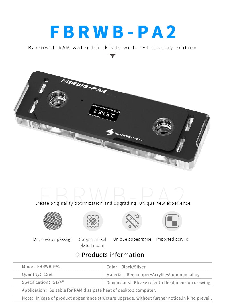 Barrowch DDR5/DDR4 Water cooler memory block memory water cooling block With TFT Digital Display 5v ARGB 3pin Lighting