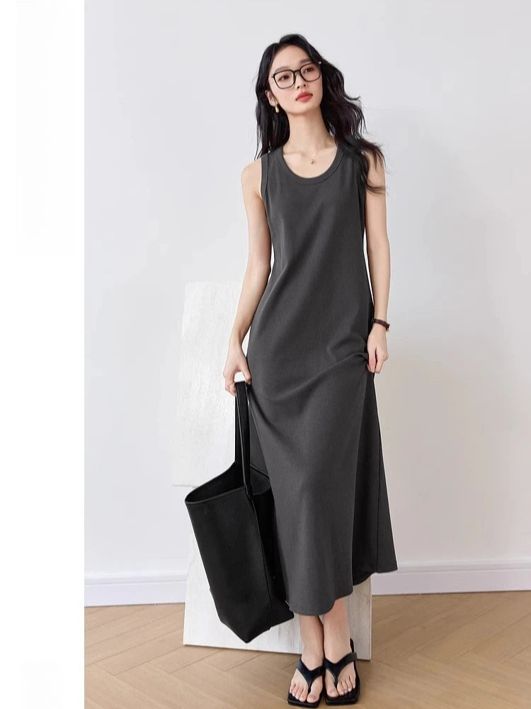 VIMLY Summer Tank Dresses 2026 Woman Simple Gray Cotton Blend Knitted Loose Sleeveless A Line Long Dress Women's Clothing M9852