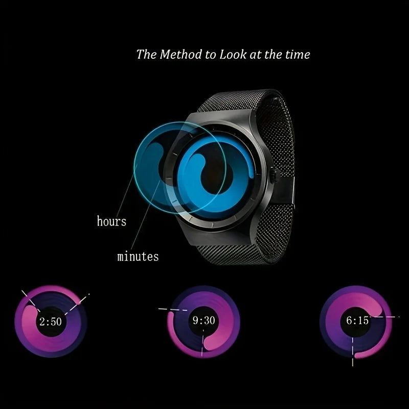 Fashionable trendy man watches personalized creativity no pointers starry vortex circular dial quartz watch relojes para hombres