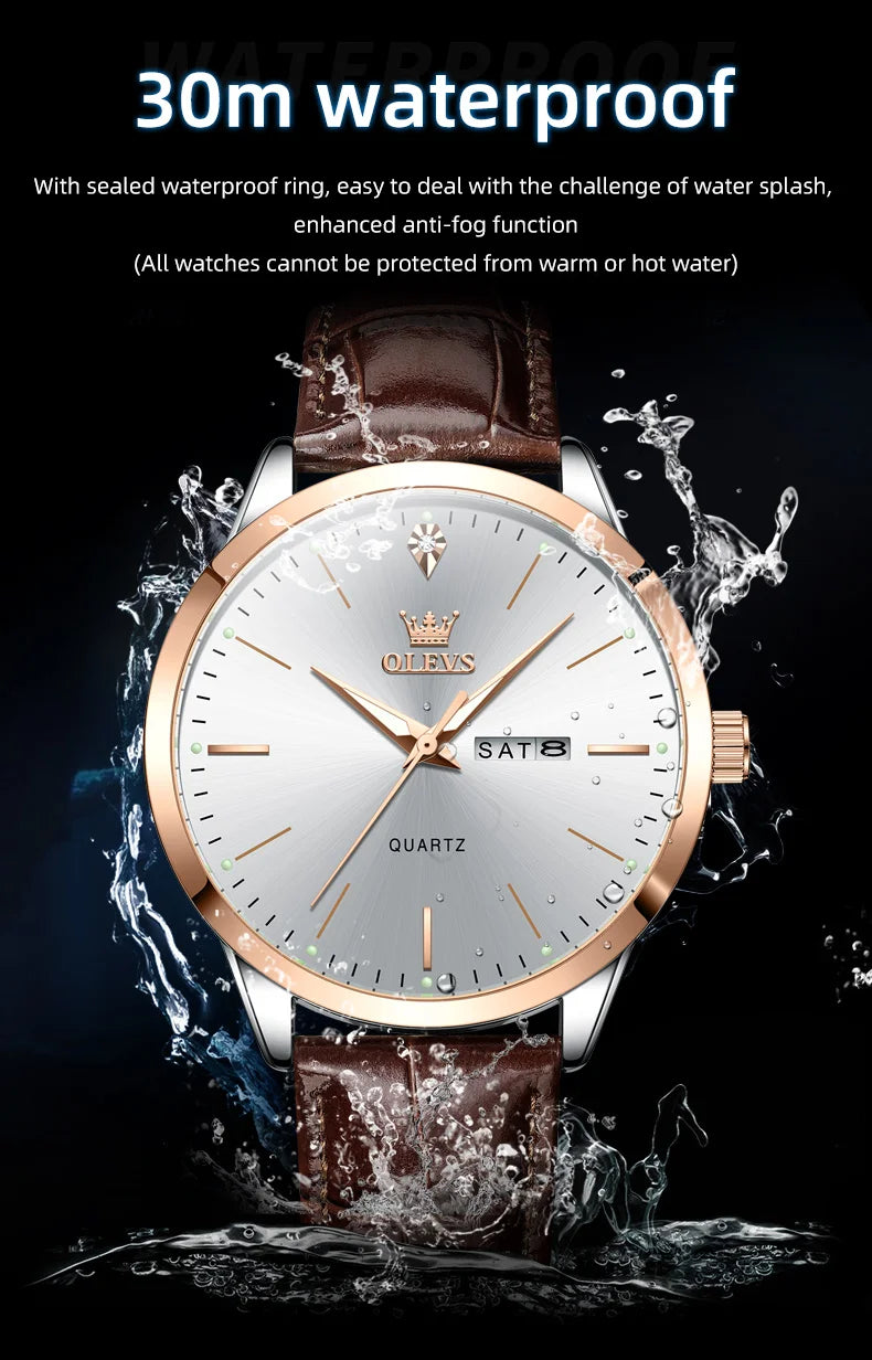 OLEVS 2935 Original Business Men Watch Leather Strap Trend Week Calendar Quartz Watch Luminous Waterproof 43mm Dial wristwatch