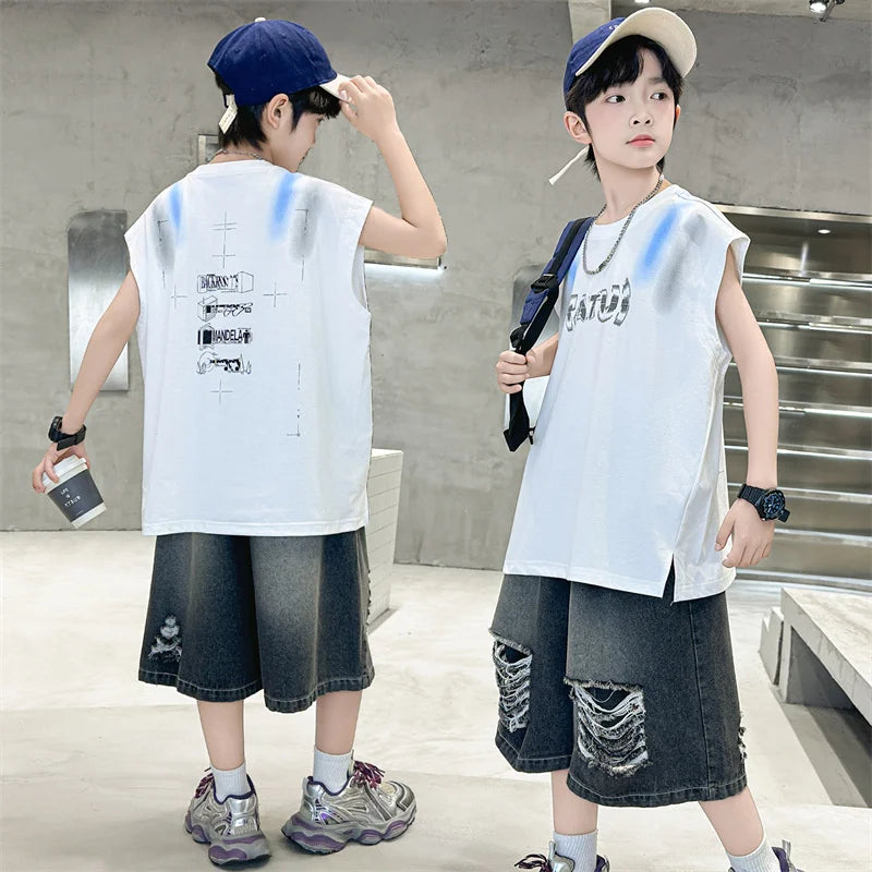 Junior Boys Summer Suit Children's Fashion Sleeveless Vest and Hole Jeans Shorts Clothing Sets for Kids 5 7 9 11 13 14 Years Old