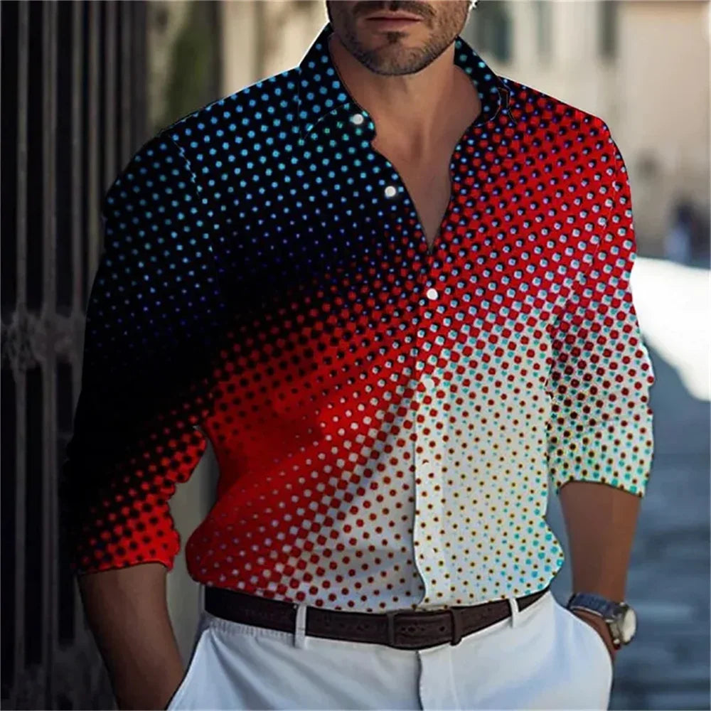 Men's long sleeved shirt striped spotted pattern 3D printed top for spring and autumn new fashion casual men's unisex clothing