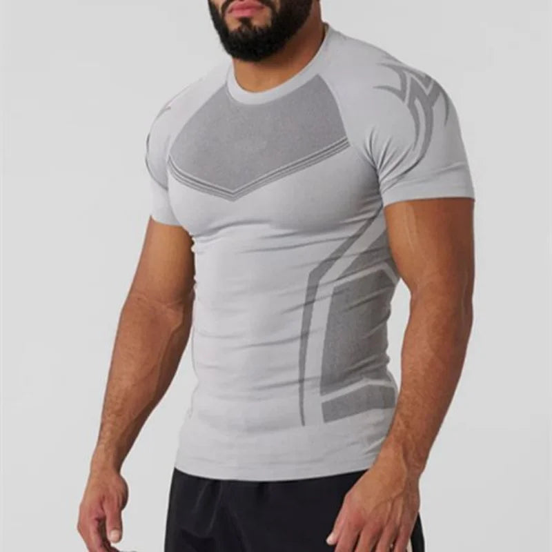 Men's Gothic Style High Elastic Quick Dry Seamless Slim Fit Training T-Shirt Short Sleeve Fitness Clothing for Sports