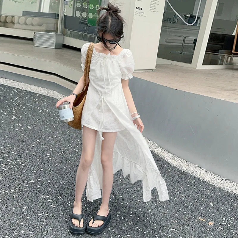 junior girls 2024 French Square Neck White Short Sleeve Dress Puff Sleeve Ruffle Long Skirt Premium teen kids princess Dresses