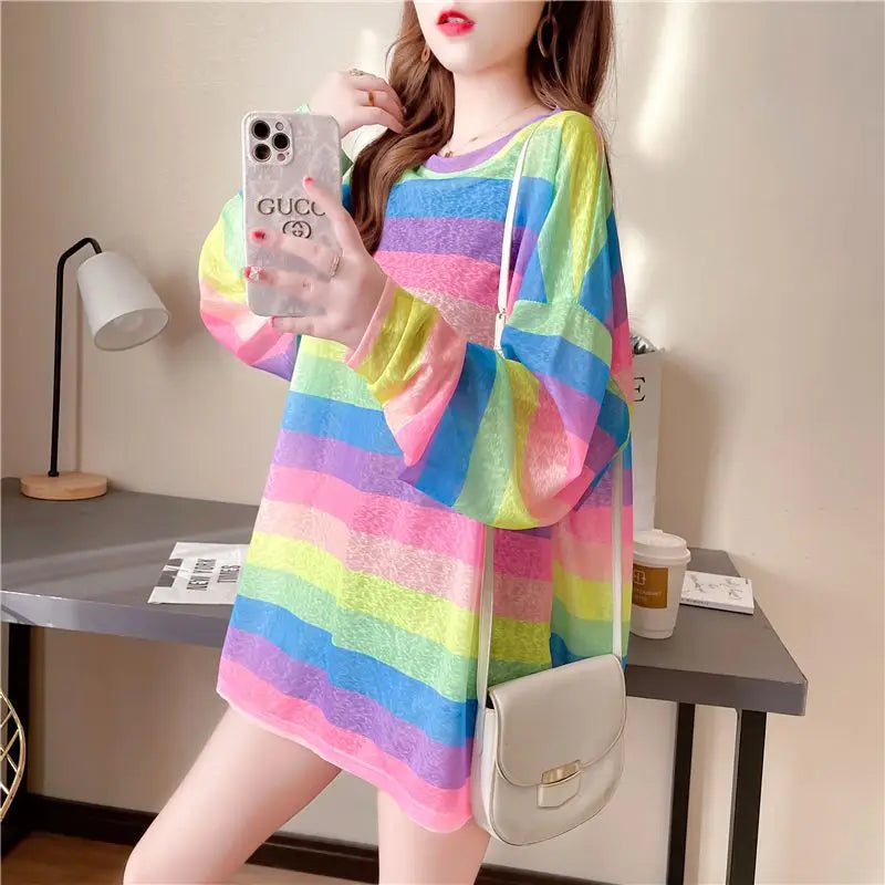 Rainbow Striped Long-sleeved Pullover Sunscreen for Women in Summer Light Top Oversize Mesh Versatile Air Conditioning Shirt