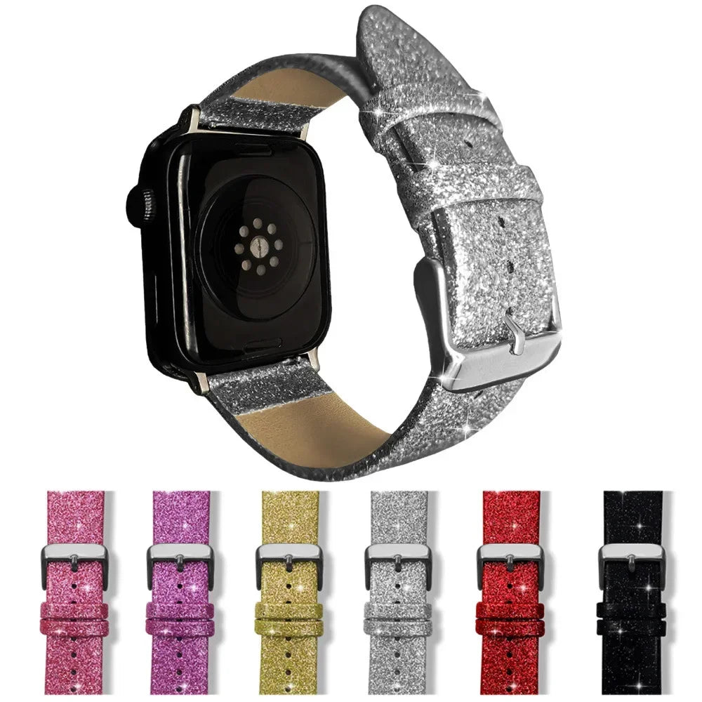 Glitter leather strap For Apple Watch Bands 44mm 40mm Ultra 2 49mm 41mm 42-38-45mm Shiny bracelet iWatch Series 9 8 7 6 5 4 3 SE