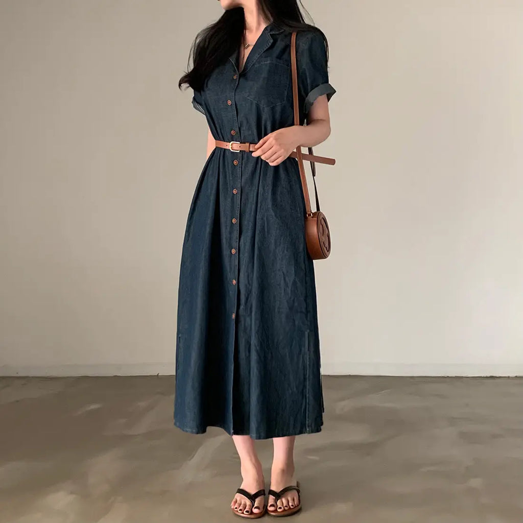 Slimming Chic Retro Chic Long Dr with Belt High Waist A-Line Skirt ort Sve Korean Sle Commute Dr Denim Dr