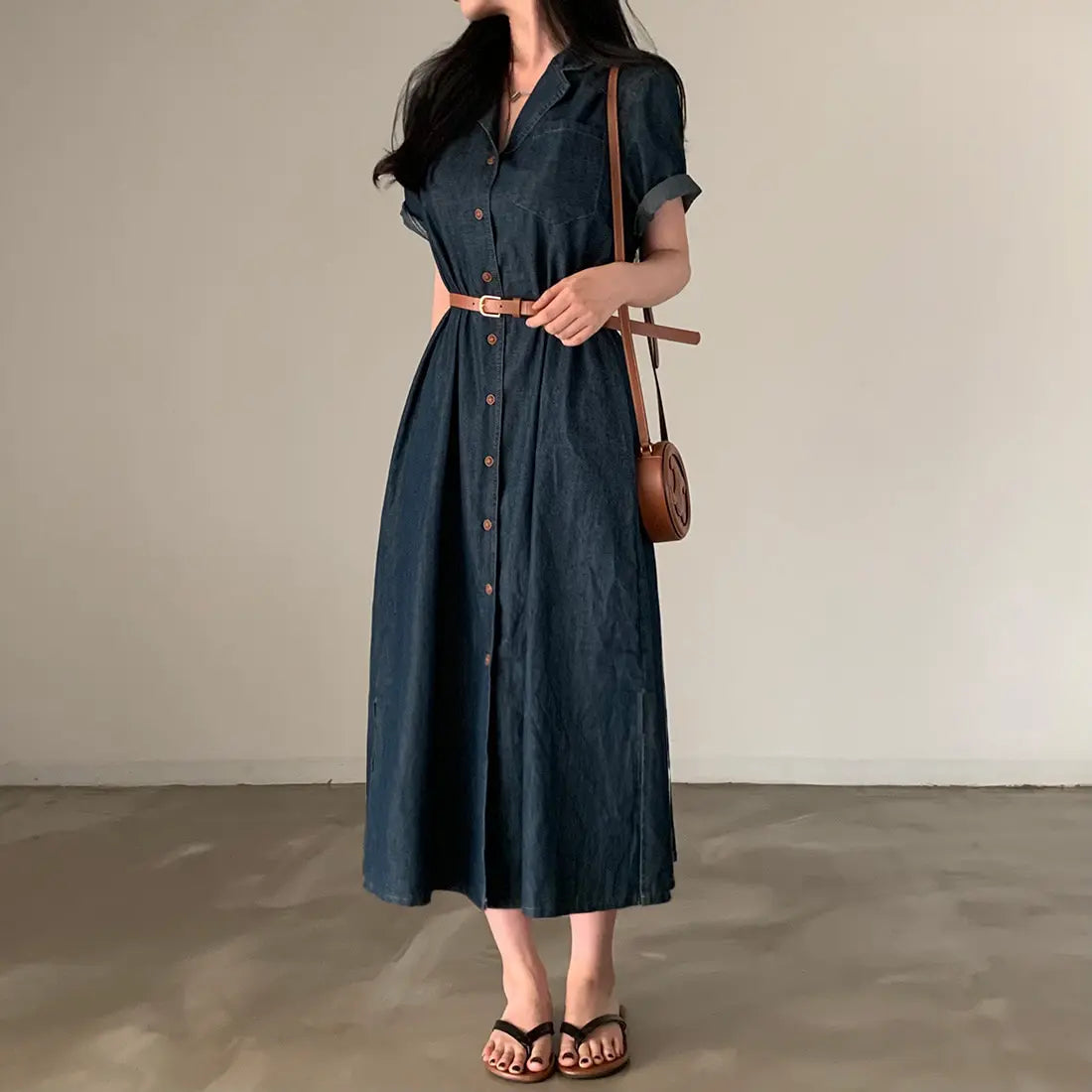 Slimming Chic Retro Chic Long Dr with Belt High Waist A-Line Skirt ort Sve Korean Sle Commute Dr Denim Dr