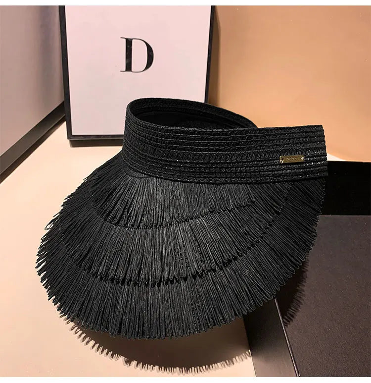 Designer Brand Sunscreen Tassel Straw Hats for Women Summer Empty Top Sun Hat Outdoor Pamama UV Protection Beach Sunshade Cap