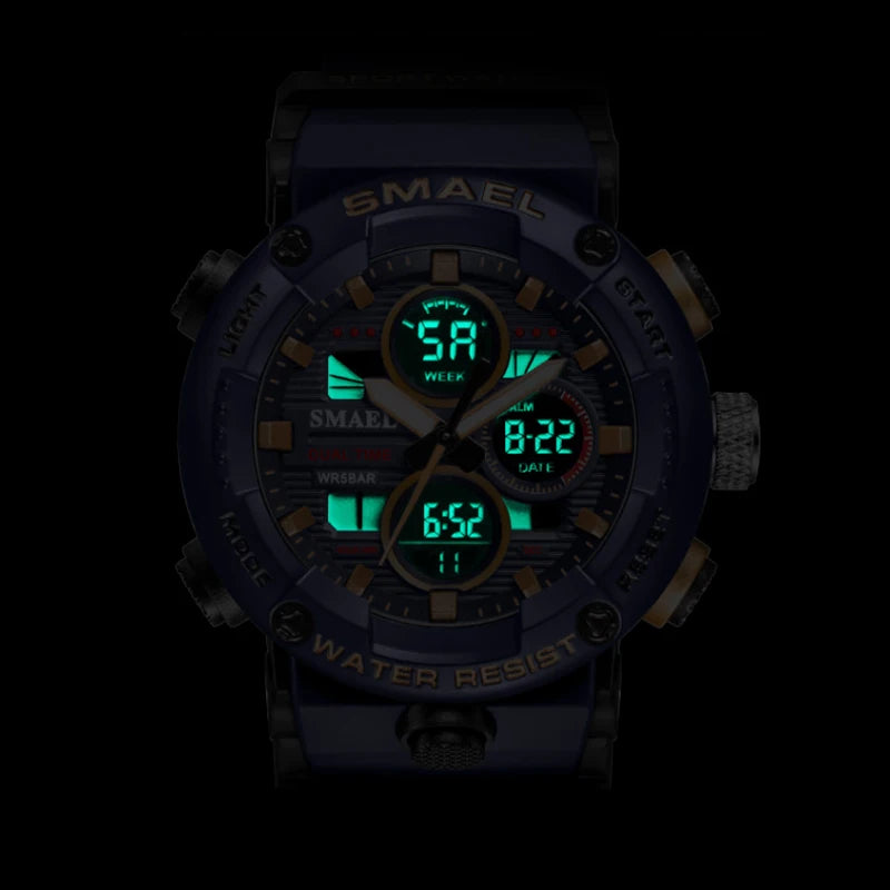 SMAEL Sport Watch for Male Quartz LED Digital Stopwatch Big Dial Clock Waterproof Dual Time Display Wristwatch