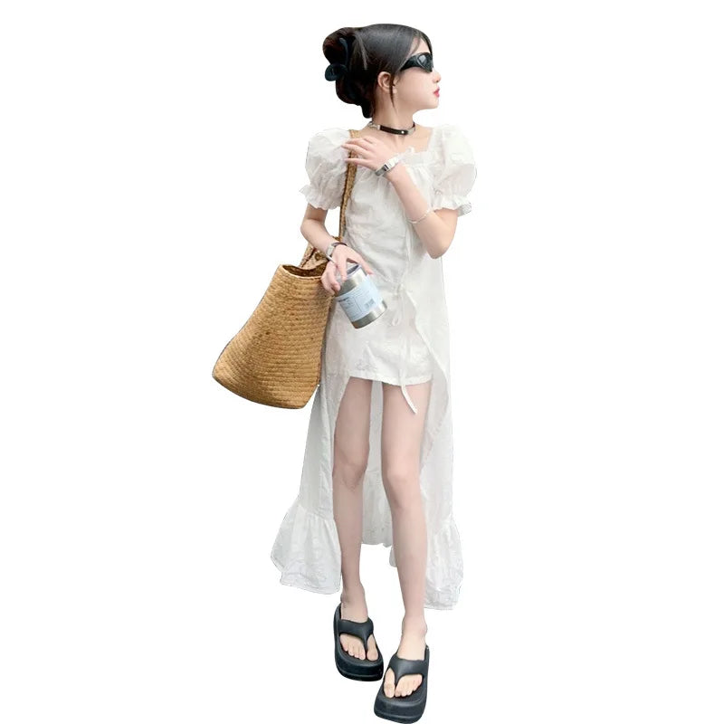 junior girls 2024 French Square Neck White Short Sleeve Dress Puff Sleeve Ruffle Long Skirt Premium teen kids princess Dresses