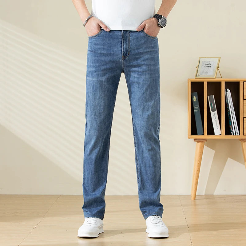 Summer Thin Mens Clothing Cowboys Slim Straight Jeans Men Denim Pants Casual Regular Fitness Men's Trousers Light Blue 2025