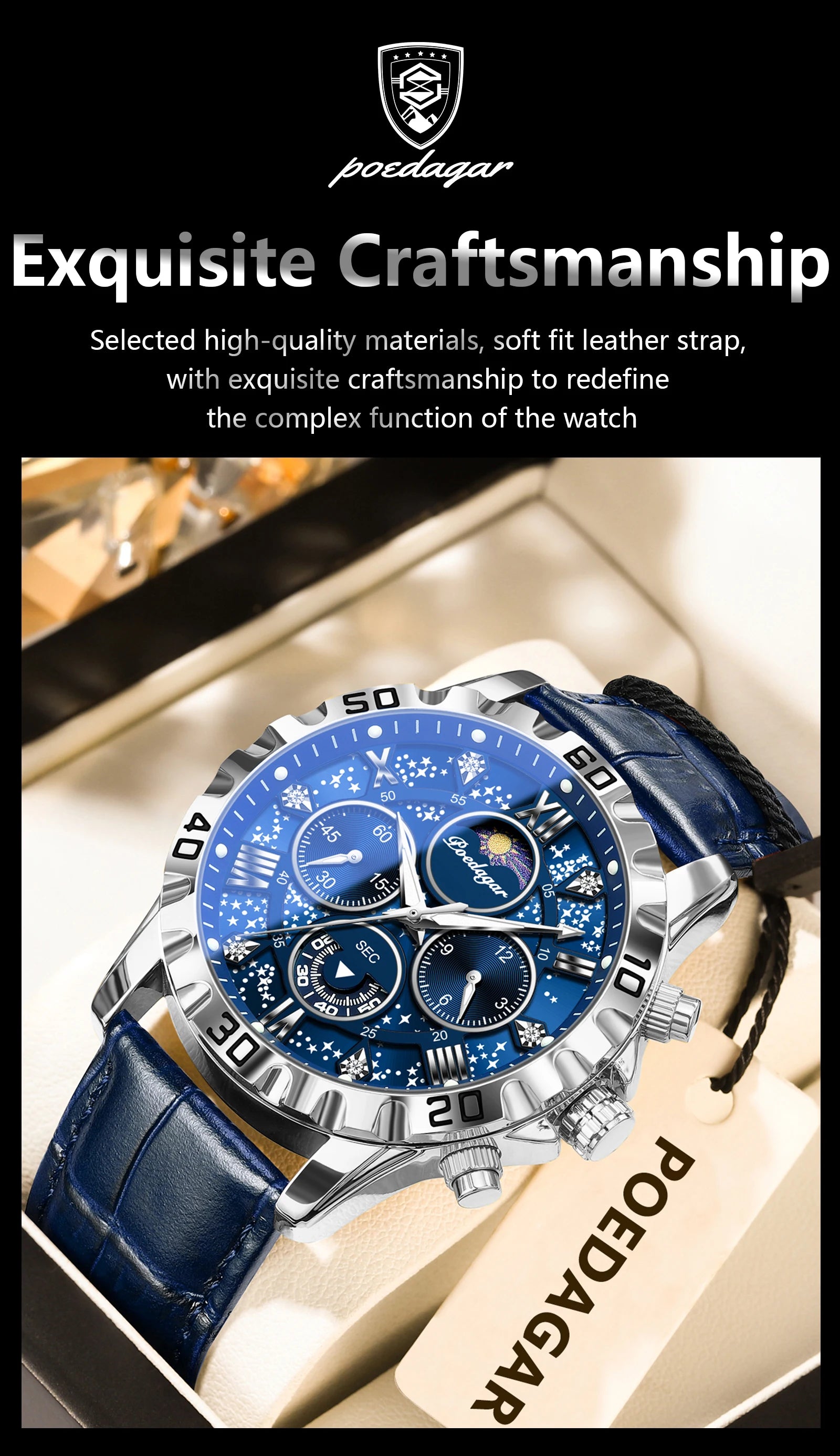 POEDAGAR Original Military Man Wristwatch Waterproof Luminous Chronograph Leather Strap Watches For Men Quartz Men's Watch Reloj