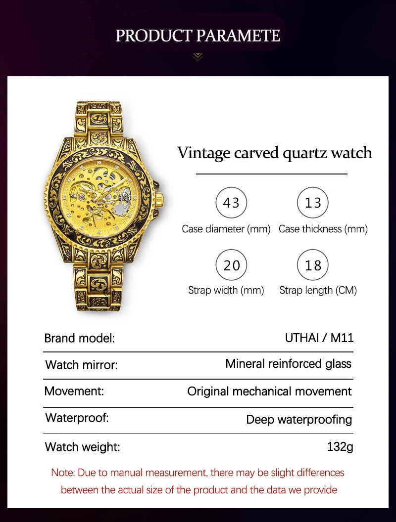 UTHAI M11 New Men watch hollowed out retro carved automatic mechanical watch cool clock gift，watches for man