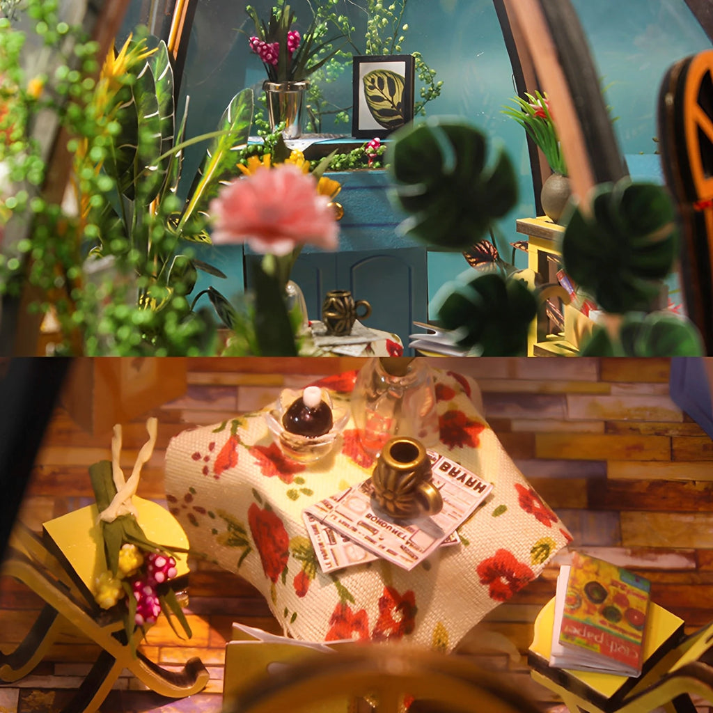 DIY Miniature Garden House Kit with Furniture and LED Light DIY Dollhouse Craft Set Gifts Wooden Greenhouse Model Building Kits