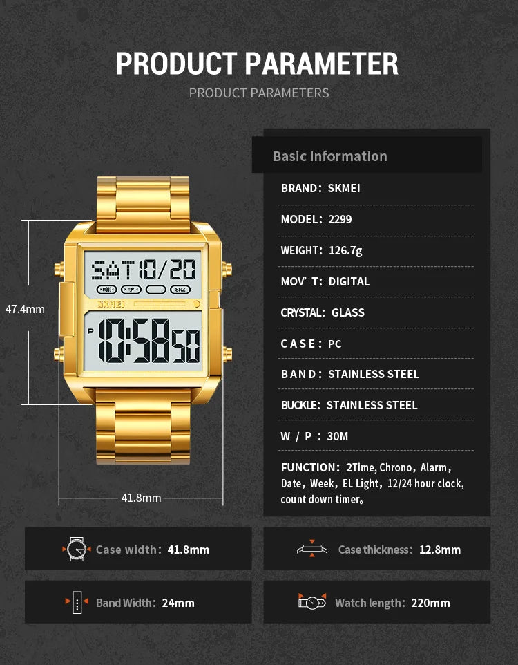 Skmei Luxury Brand Steel Strap Digital Watches for Mens Dual Time Zone Waterproof LED Chronograph Fashion Date Week Alarm Clock