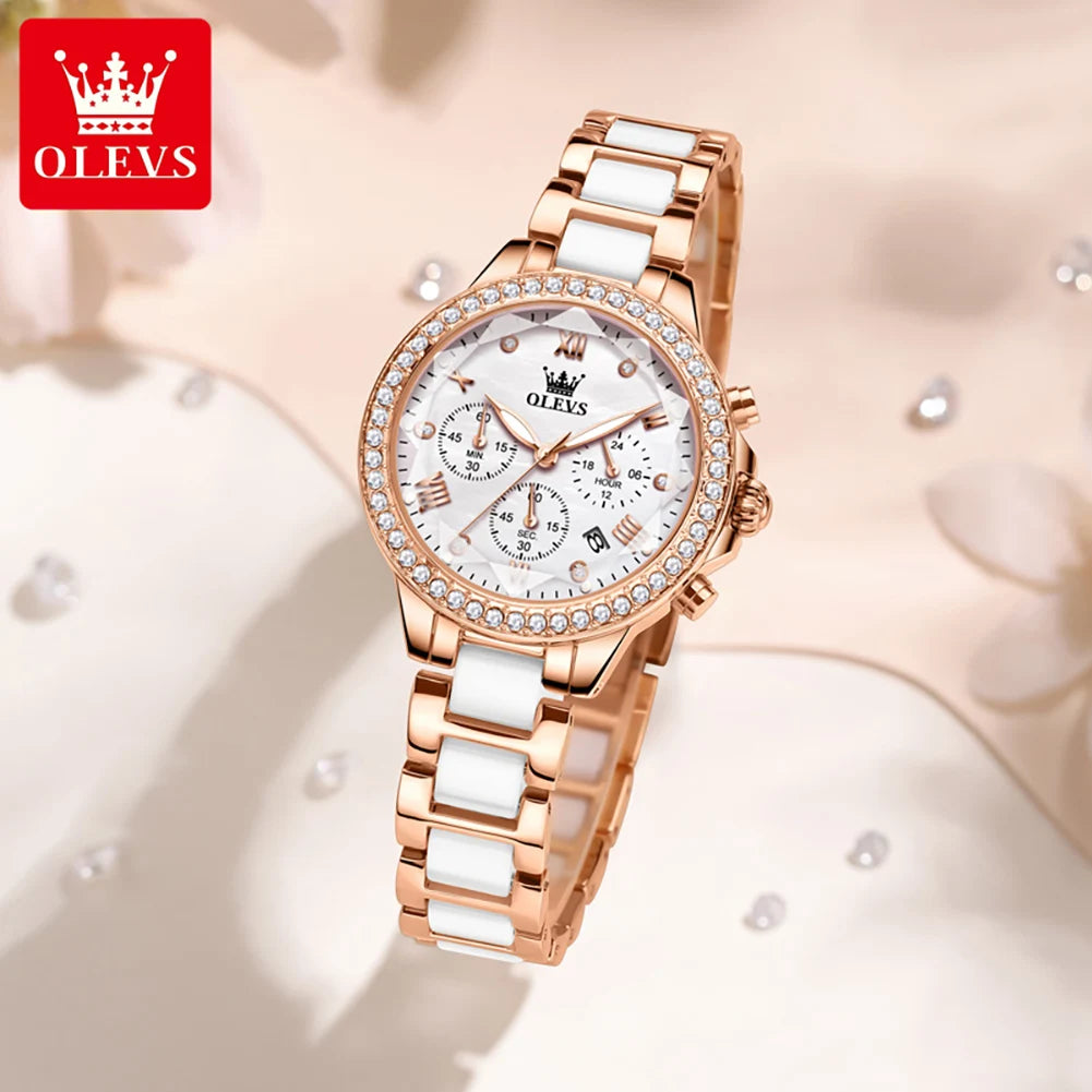 OLEVS Diamond Quartz Watch for Women Luxury Elegant Ceramics Strap Rhombic Mirror Ladies Wristwatch Waterproof Chronograph Clock