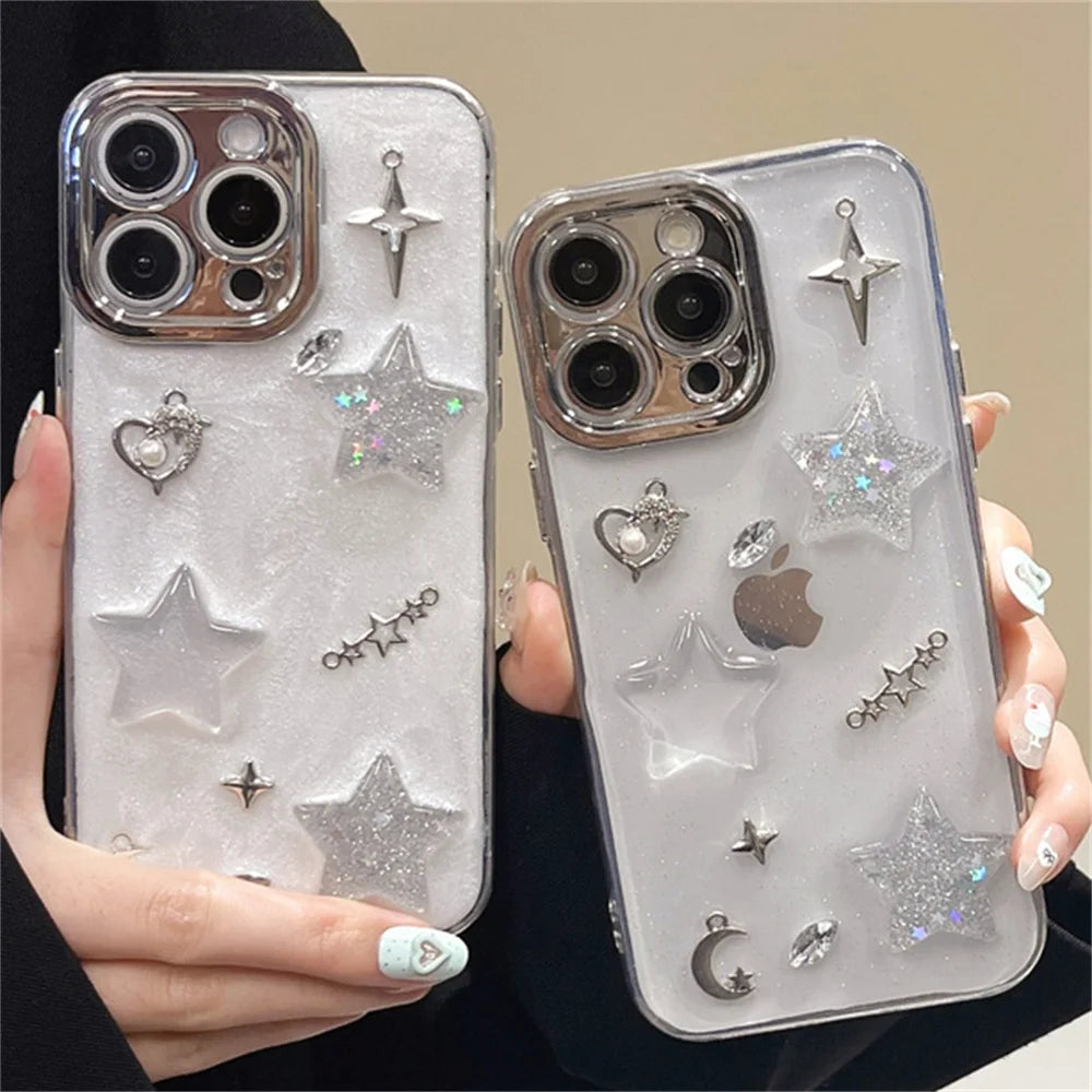 Luxury Silicone Glue Drip Glitter Star Moon Phone Case For iPhone 16 15 14 Plus 13 12 11 Pro Max Cute 3D Clear Shockproof Cover