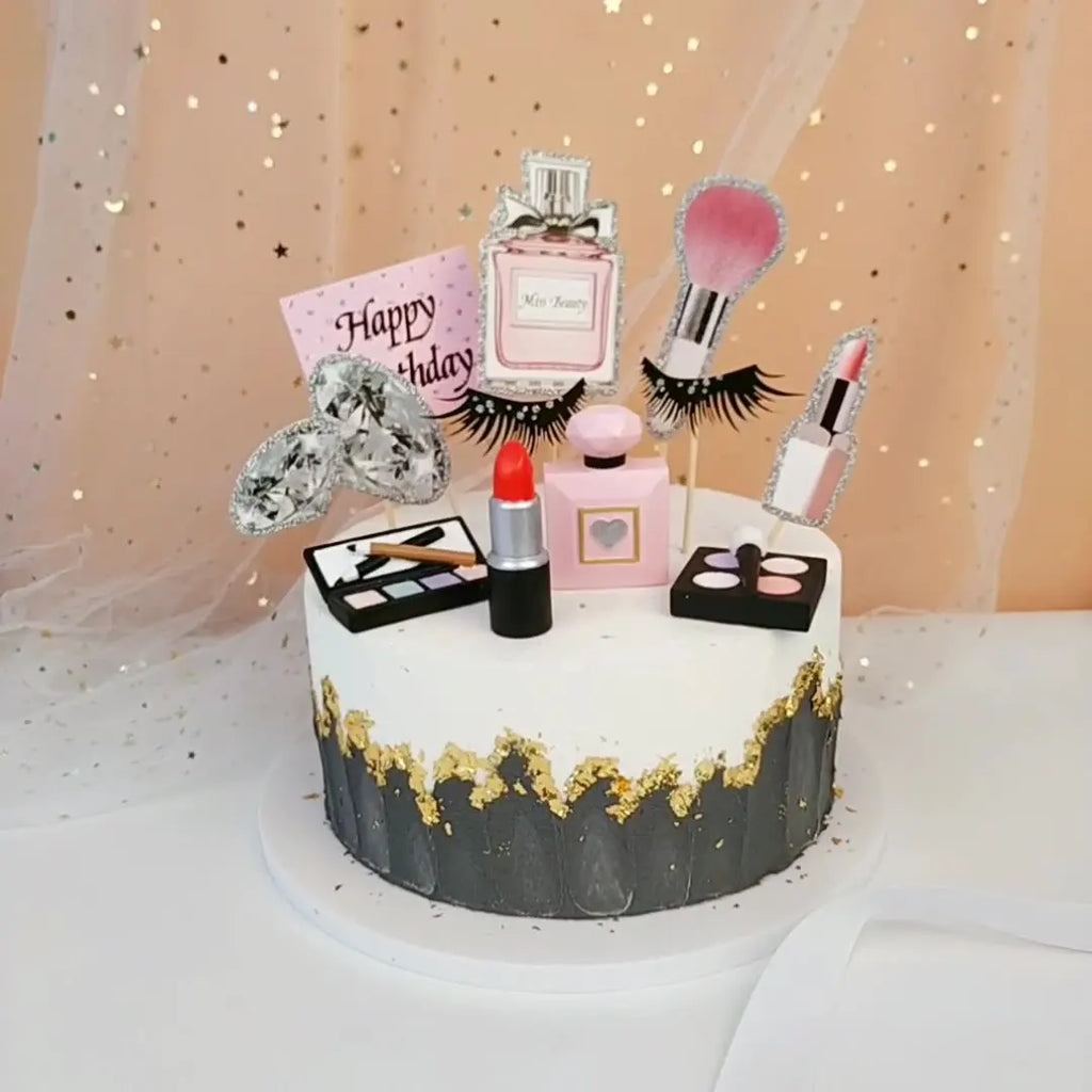 Lovely Girls Birthday Party Cosmetics Cake Toppers Lipstick Perfume Bottle Eyeshadow Box For Lady Mom Cupcake Decor Supplies Set