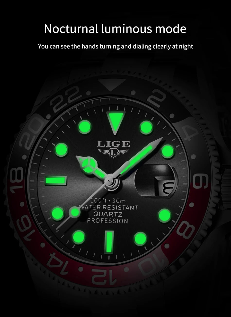 LIGE Top Brand Fashion Mens Watch Business Luxury Quartz Wristwatches Luminous Waterproof Steel Sports Watches Mens Gifts Reloj