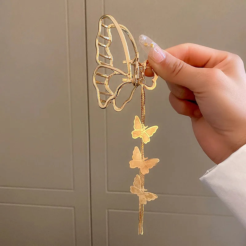 DREJEW Butterfly Hairbands for Women Rhinestone Crystal Long Tassel Chain Headband Simulated Pearl Headwear Hair Accessories