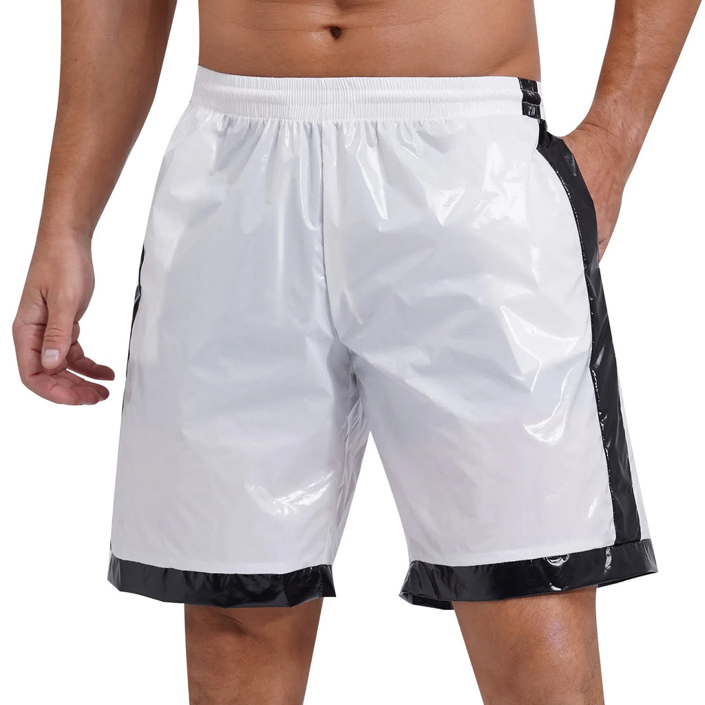 Swimwear Mens Swimming Trunks Wet Look Boxer Shorts Drawstring Elastic Waist Pockets Stripes Beach Sports Shorts Pajamas Costume