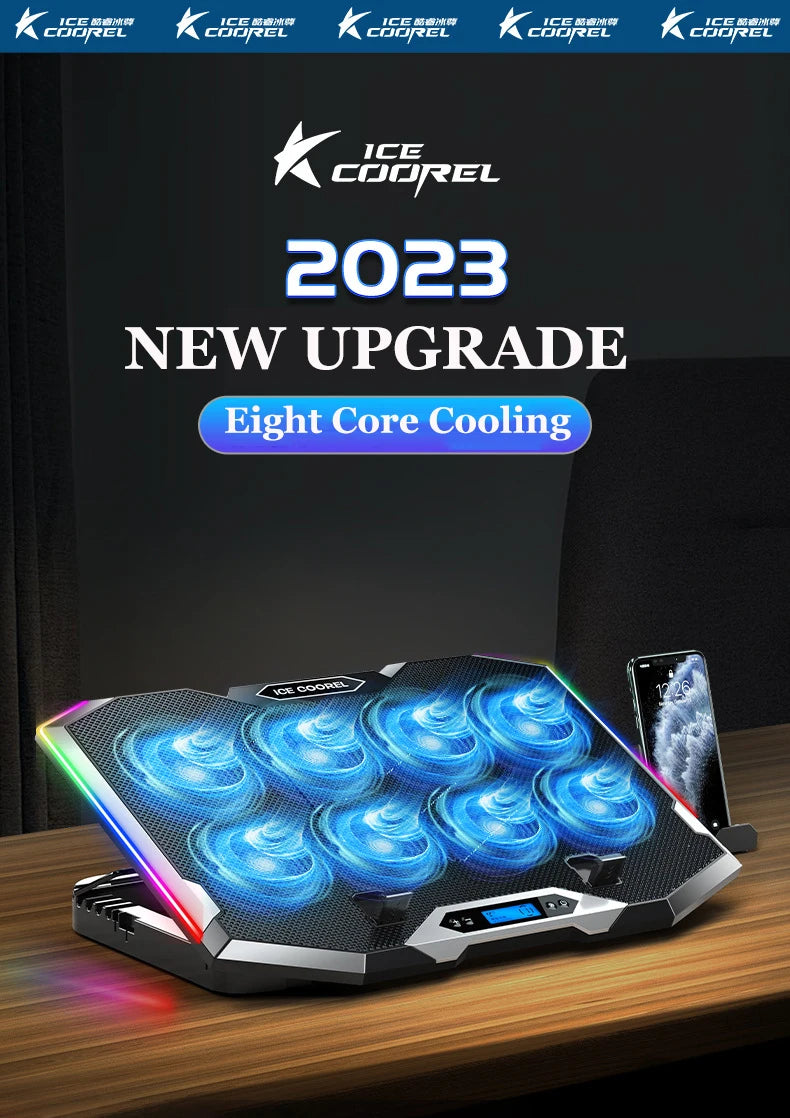 ICE COOREL Gaming RGB Laptop Cooler 12-18 Inch Led Screen Laptop Cooling Pad 3500 RPM 8 fans 2 USB Ports Notebook Cooler Stand