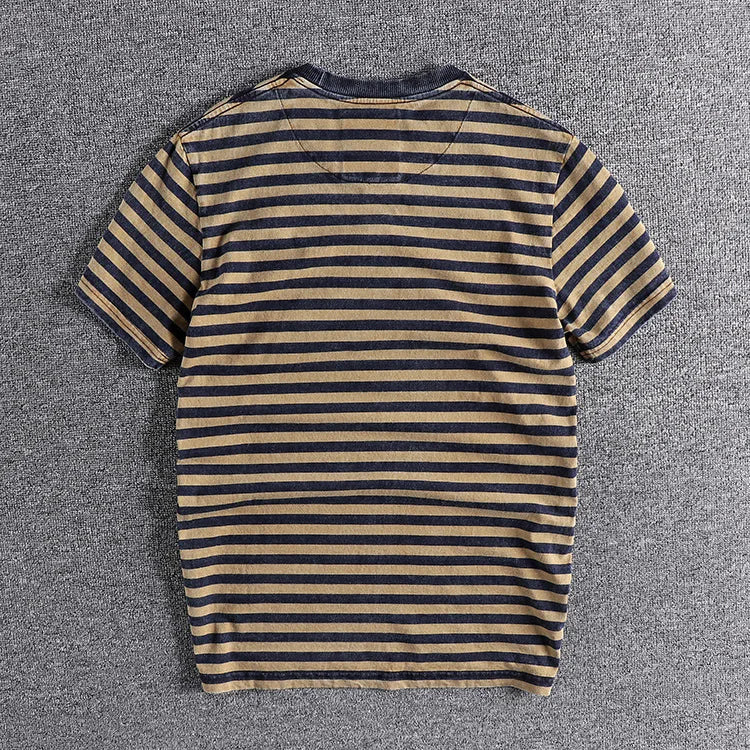 Retro and Aged Casual Short-sleeved T-shirt, High-quality Men's Striped Cotton T-shirt, Sweat-absorbing & Breathable Sports Top