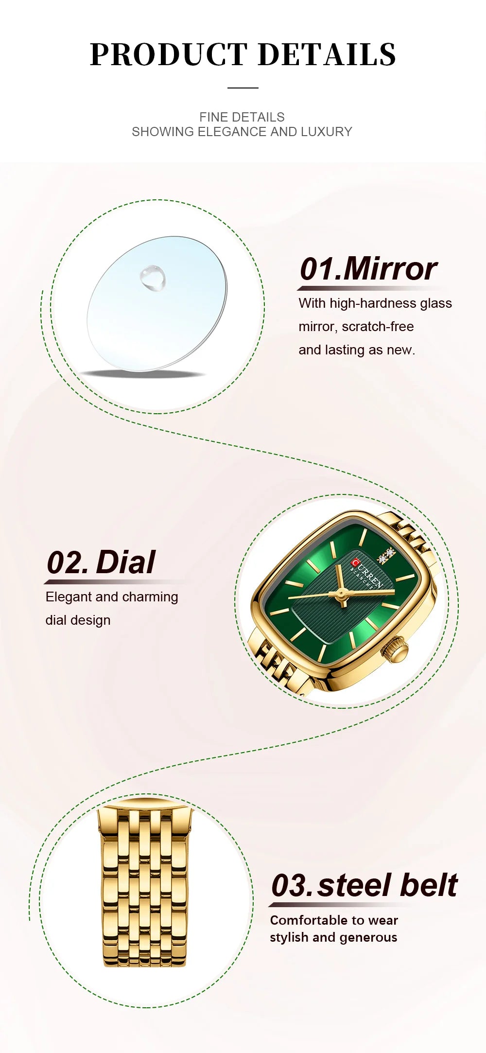 Curren 9093 Square Quartz Watch for Ladies, Waterproof Minimalist Casual Wristwatch with Stainless Steel Strap