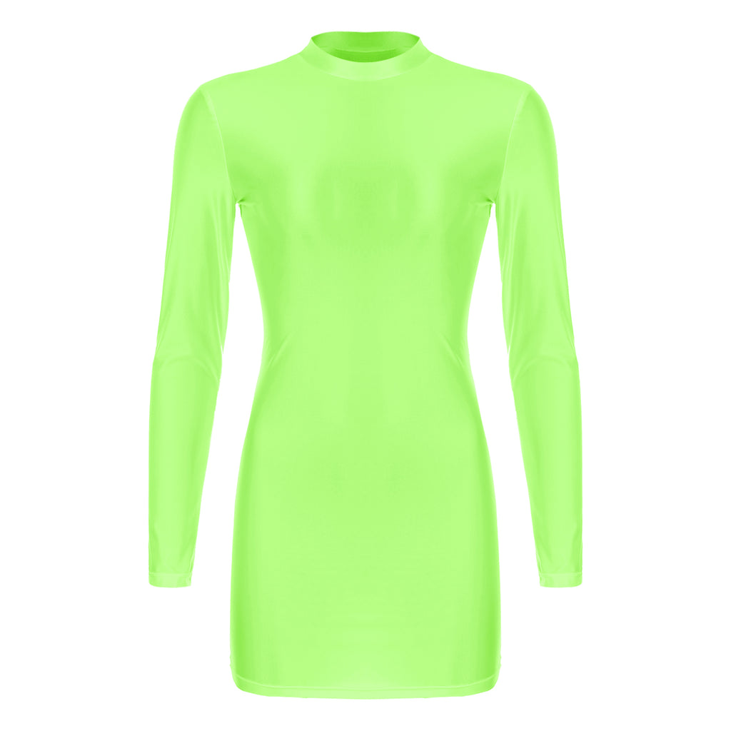 Women's  Solid Color Smooth Stretchy Mock Neck Tight Party Dresses Female Dresses Glossy Long Sleeve Bodycon Dress Nightwear