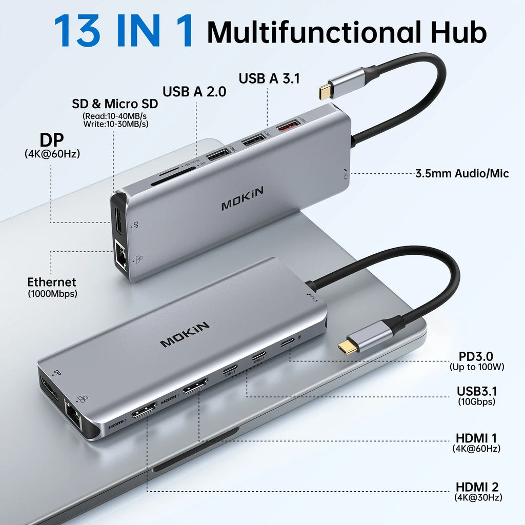 MOKiN USB C HUB 4K60Hz Type C to DP RJ45 SD&TF PD 100W Adapter Dock for MacBook Pro Air M2 M1 3*USB 3.1 10Gbps Splitter usb hub