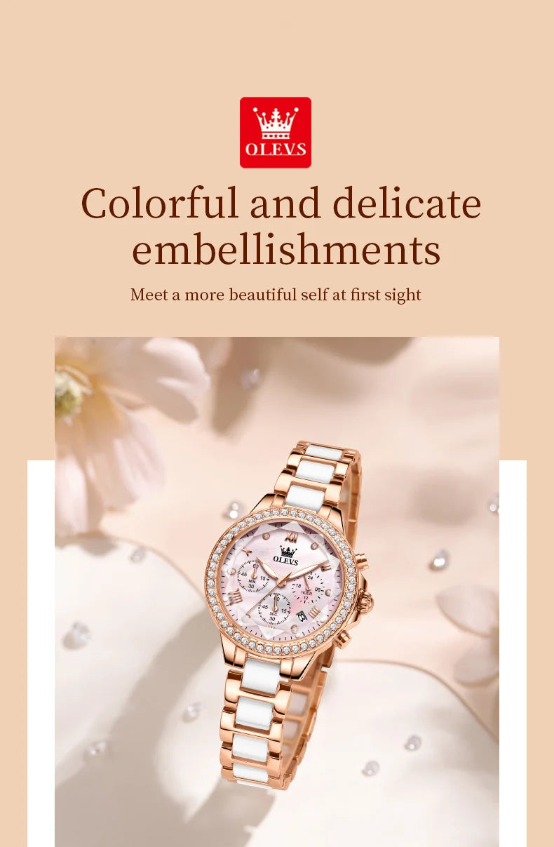OLEVS Diamond Quartz Watch for Women Luxury Elegant Ceramics Strap Rhombic Mirror Ladies Wristwatch Waterproof Chronograph Clock