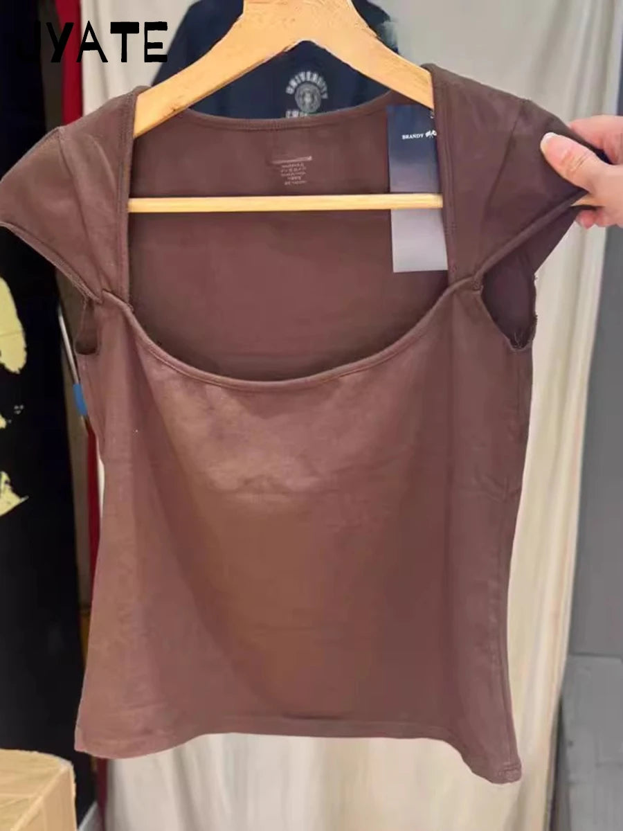 New Sweet Pink Cotton Crimping Short Sleeve Tees Women Summer Casual Simple Square Collar Crop Tops Vintage Basic Y2K T-shirts
