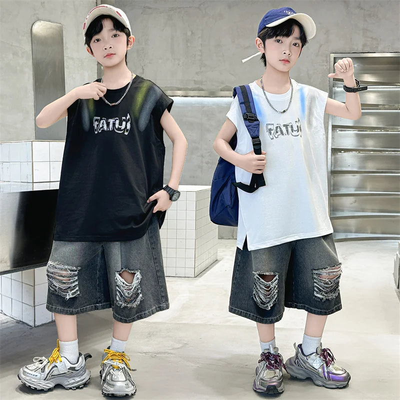 Junior Boys Summer Suit Children's Fashion Sleeveless Vest and Hole Jeans Shorts Clothing Sets for Kids 5 7 9 11 13 14 Years Old