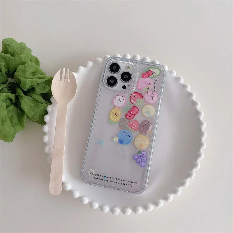 Fruit Floating Icons Quicksand Case for iPhone 16 15 Pro Max Clear Hard Plastic Protective Coque Liquid Sand Cover Phone Housing