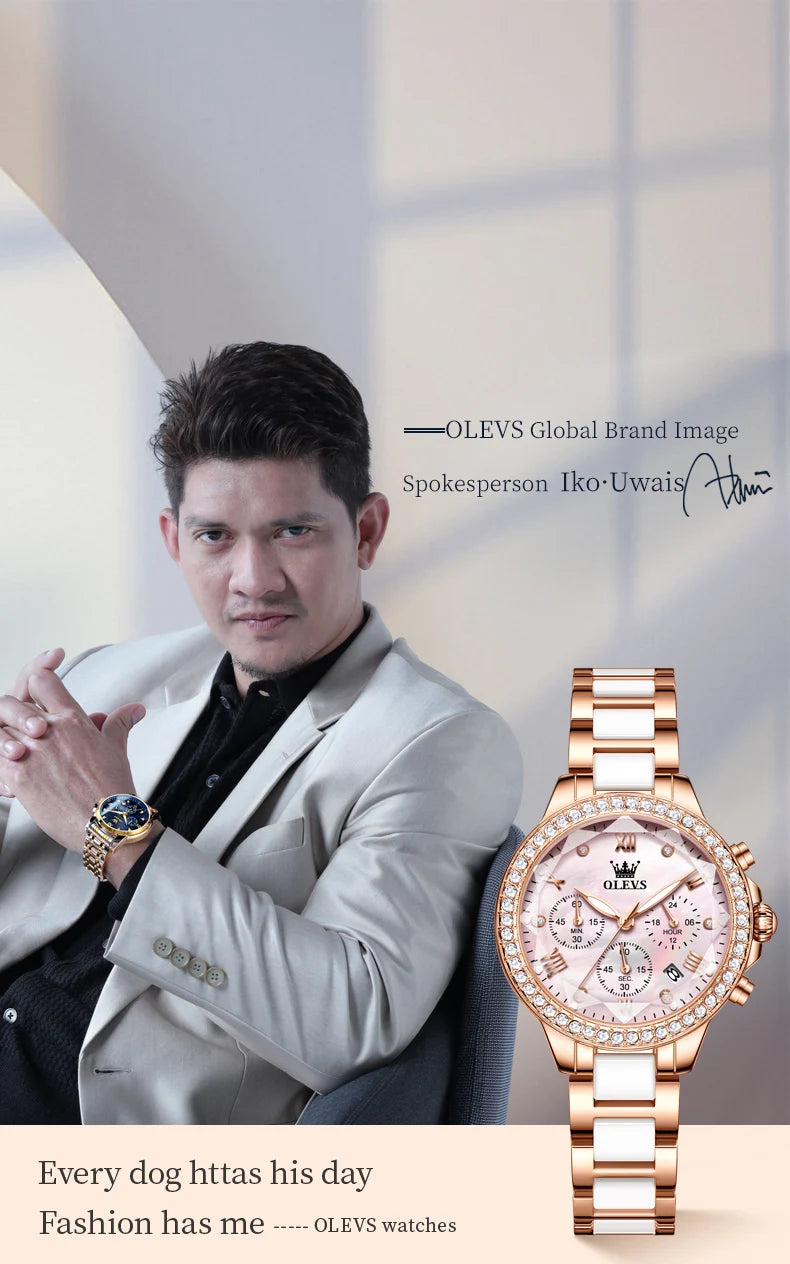 OLEVS Diamond Quartz Watch for Women Luxury Elegant Ceramics Strap Rhombic Mirror Ladies Wristwatch Waterproof Chronograph Clock