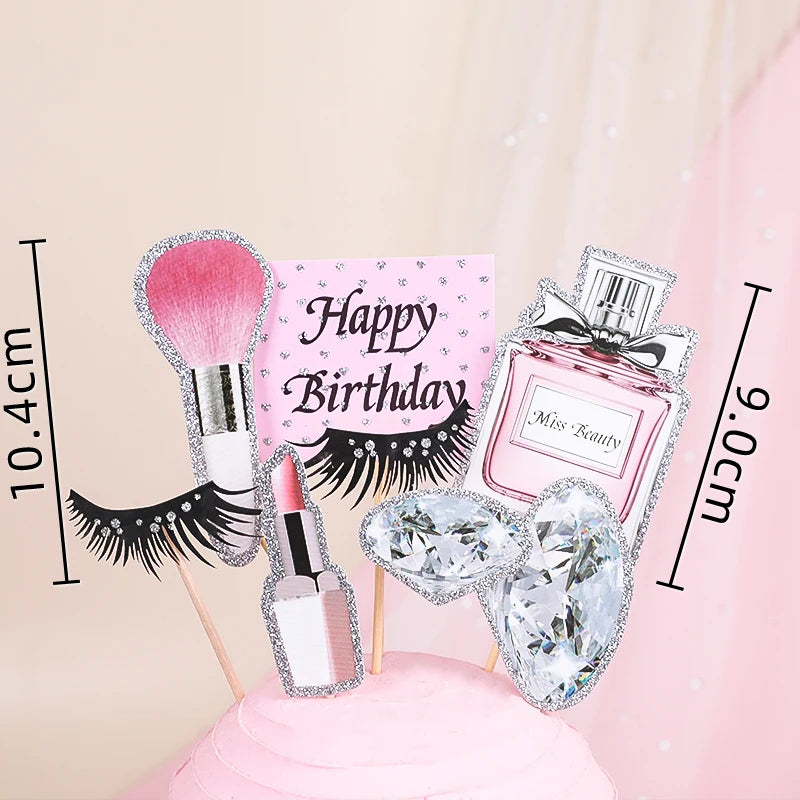 Lovely Girls Birthday Party Cosmetics Cake Toppers Lipstick Perfume Bottle Eyeshadow Box For Lady Mom Cupcake Decor Supplies Set