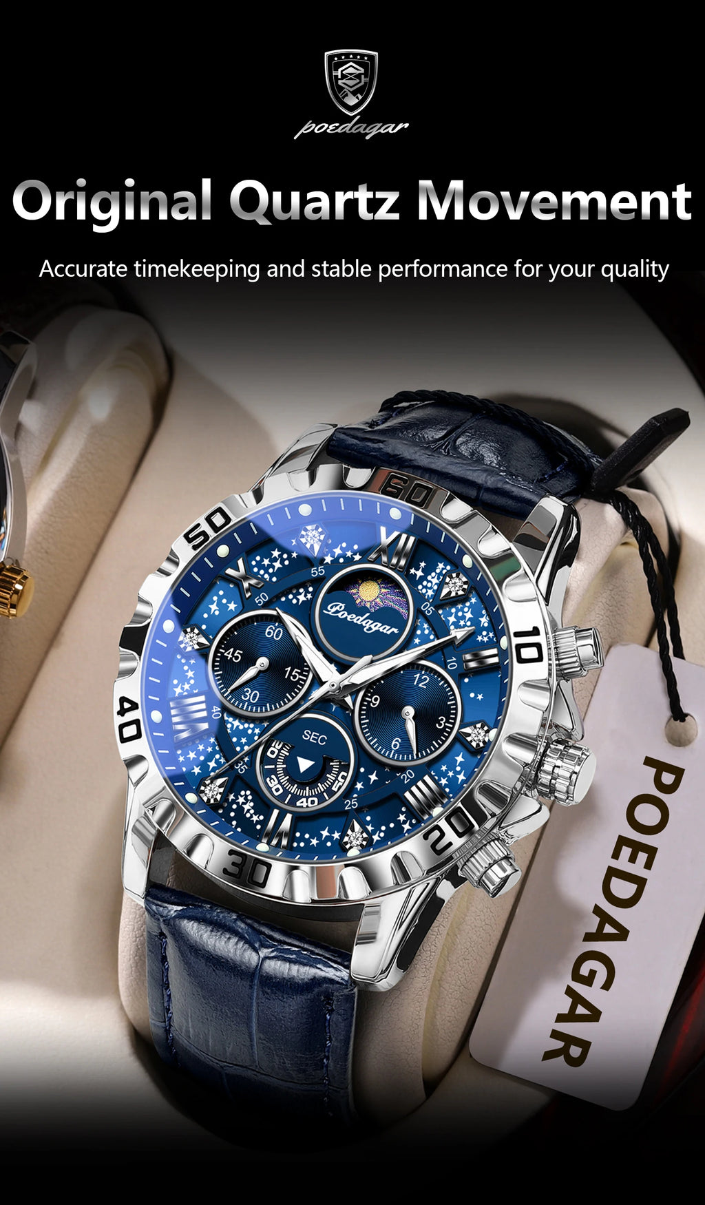 POEDAGAR Original Military Man Wristwatch Waterproof Luminous Chronograph Leather Strap Watches For Men Quartz Men's Watch Reloj