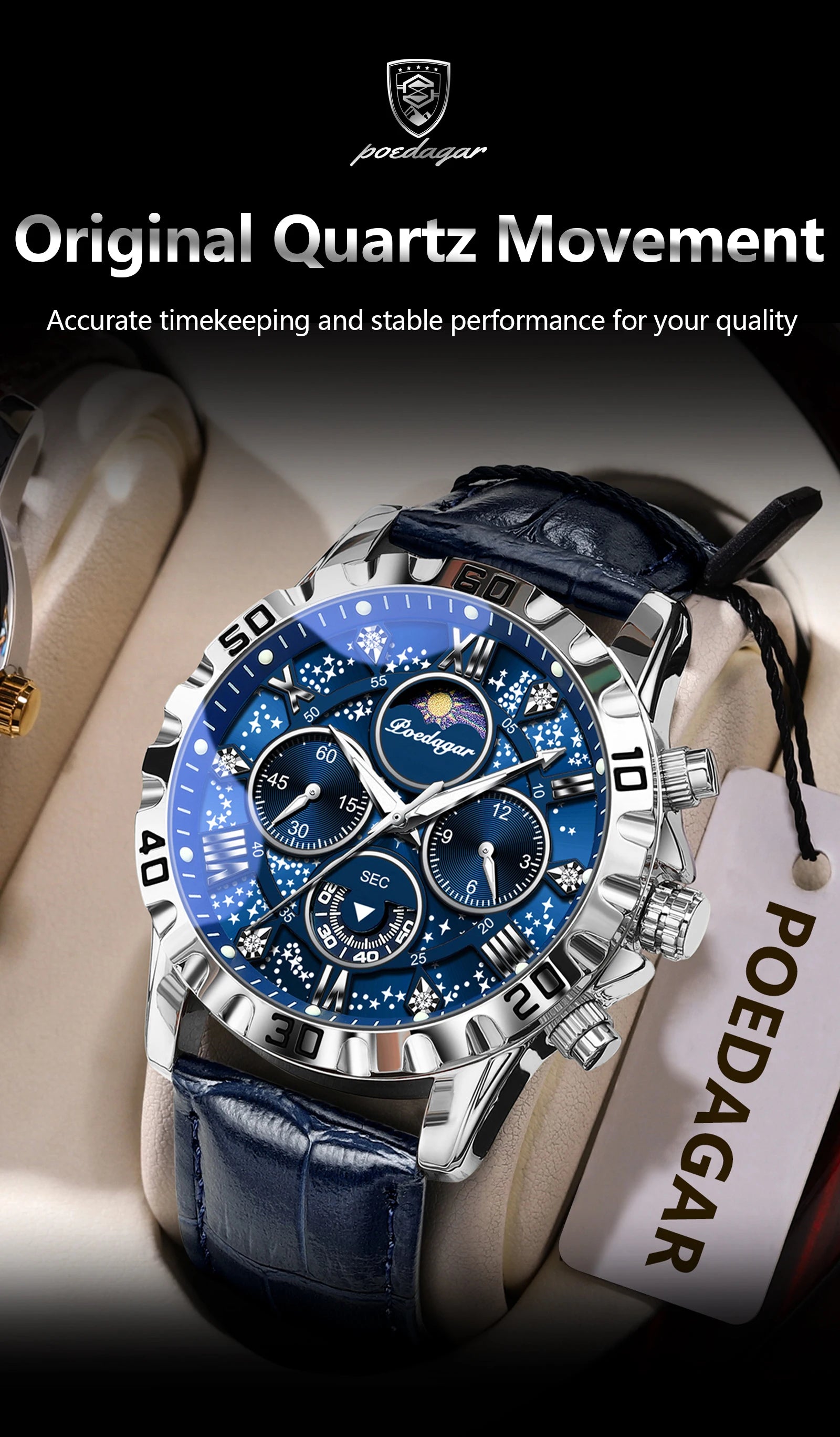 POEDAGAR Original Military Man Wristwatch Waterproof Luminous Chronograph Leather Strap Watches For Men Quartz Men's Watch Reloj