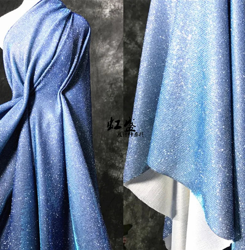 Colorful Blue Gradient Glitter Fabric Elastic Knitting By The Meter for Clothes Performance Dress Diy Sewing Designer Cloth Gold