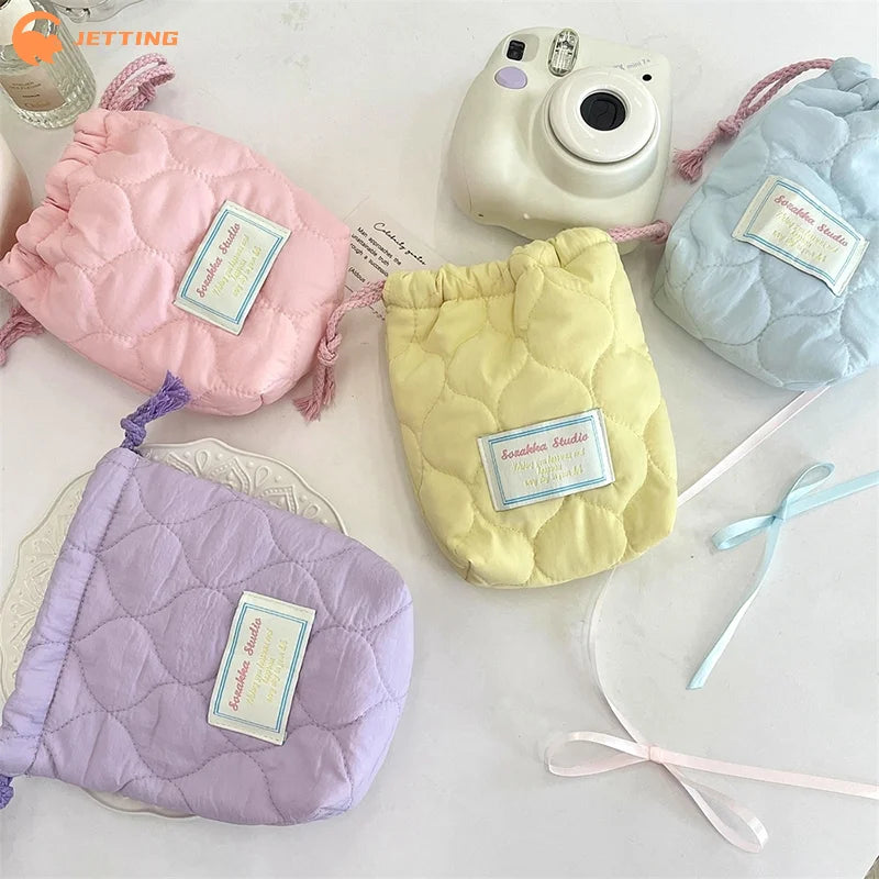 1PCS Portable Travel Camera Organizer Heart Printed Quilted Drawstring Bag Handbag Cosmetic Makeup Lipstick Storage Bag