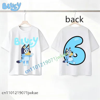 Bluey Birthday Number T-shirt 1-9 Y Kids Front Back Print Cute Cartoon Short Sleeve Boys Girls Summer Tops Birthday Party Gifts